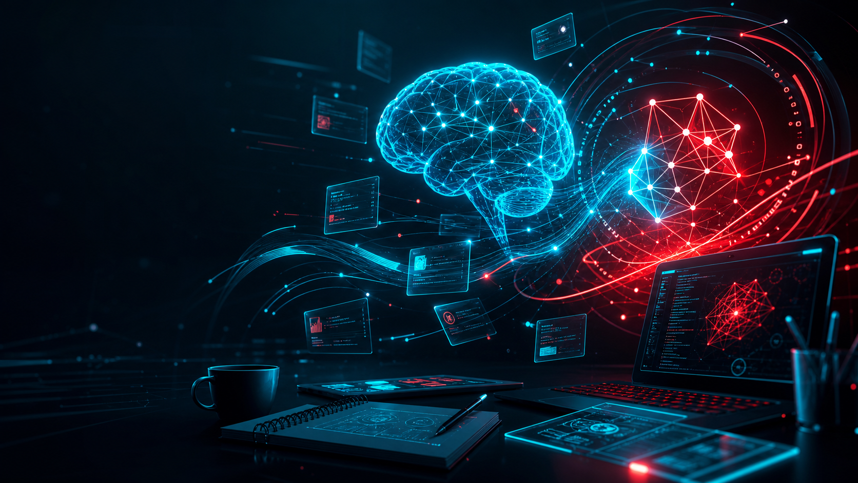 A cyan and red animated neural brain collaborating with an abstract AI presence in a futuristic workspace.